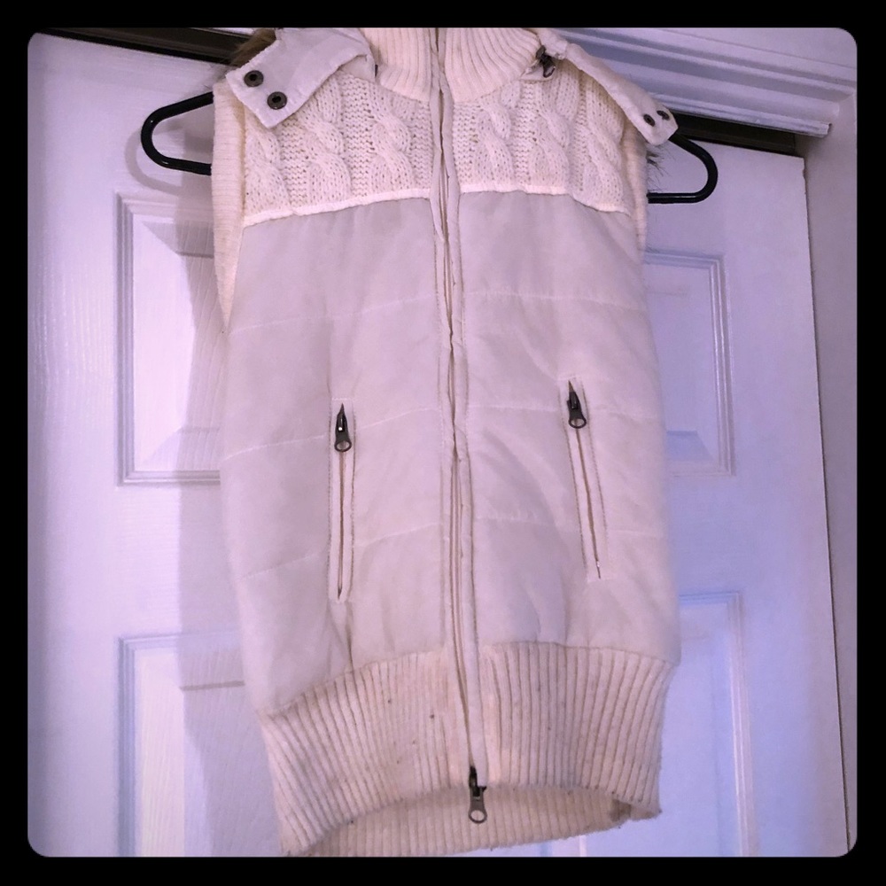 Beige vest with faux fur hood